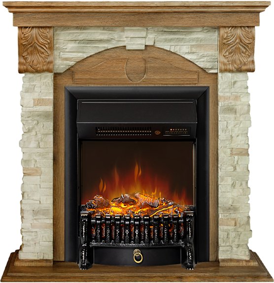 Каминокомплект Dublin (Разборный) - Дуб коньяк / Камень Онтарио с очагом Fobos FX M Black RC